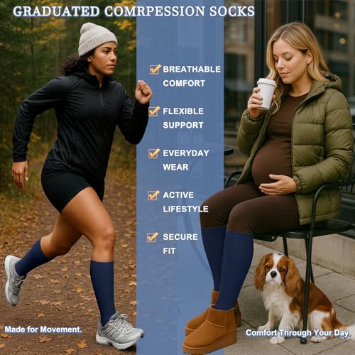 Image of 3 Pairs Knee High Graduated Compression Socks For Women and Men - Best Medical, Nursing, Travel & Flight Socks - Running & Fitness - 15-20mmHg