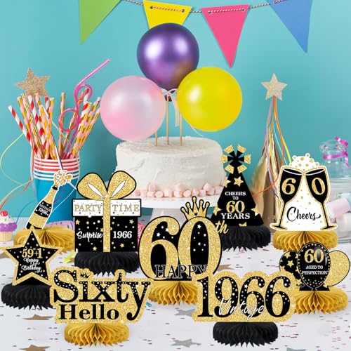 Image of 9 Pcs 60th Birthday Decorations Honeycomb Centerpieces for Women Men, Black Gold 1966 Aged to Perfection Vintage Centerpieces for Tables Toppers,Sixty Years Party Decorations Supplies