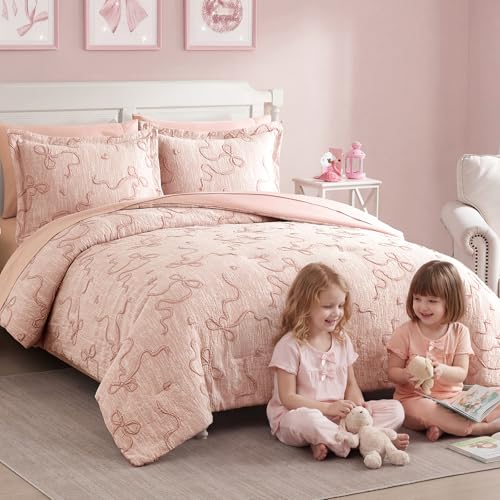 Image of Twin Girls Bedding Set - 5 Pieces Bow Comforter Set Jacquard Bed in a Bag