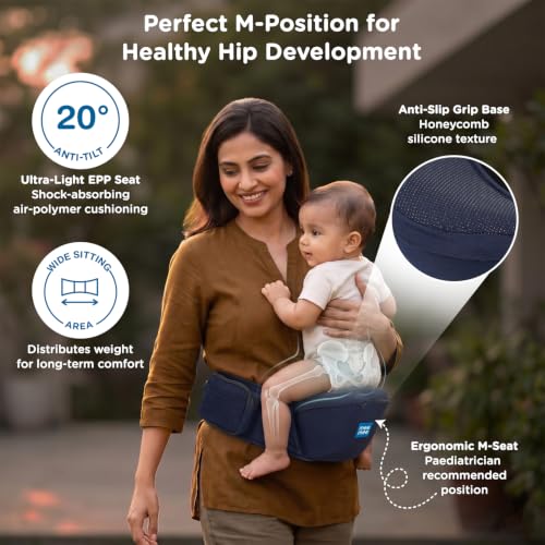 Image of Mee Mee Vistara Gold 6-in-1 Baby Sling Carrier with Hip Seat | Ergonomic Lumbar Support | Premium Gold Finish | Breathable Mesh Fabric | Adjustable & Secure for Newborns to Toddlers (Up to 15 kg, Darkblue)
