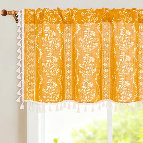 Image of Yinhua Boho Valance Curtains Vintage Linen Yellow Kitchen Valances for Windows Light Filtering Bohemian Floral Valance Rod Pocket Farmhouse Tassel Window Valances for Bathroom Cafe, 52 inch W X 18 inch L