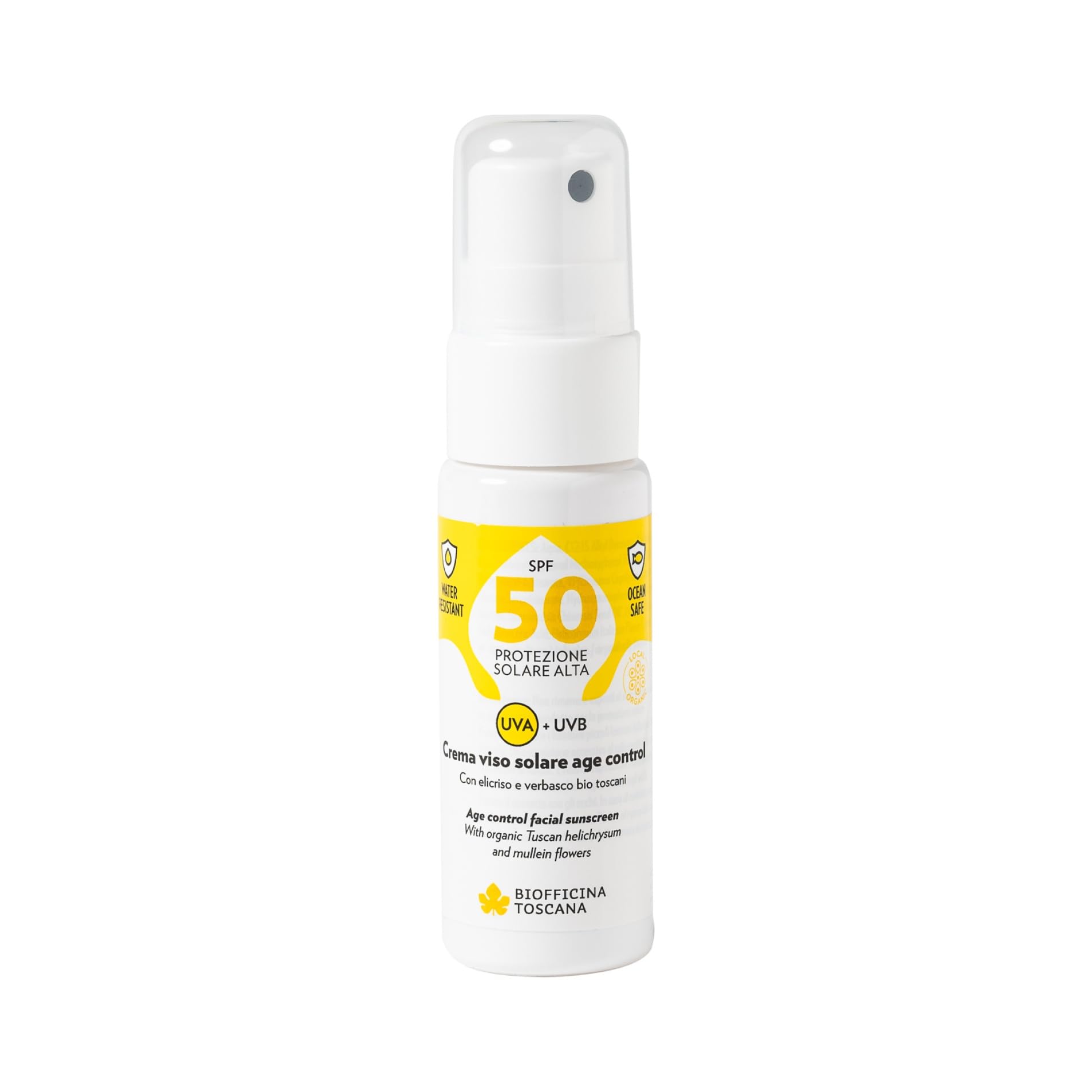 Biofficina Toscana Crema solare viso age control SPF 50, 50 ml – Protezione solare viso anti-​aging con filtri UVA/​UVB – Con elicriso e verbasco bio toscani, resistente all'acqua