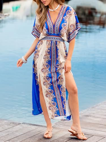 Image of CUPSHE Womens Tropical Floral Maxi Dress V Neck Short Sleeve Smocked Side Slit Dress Summer Vacation Beach Pocket Long Dress
