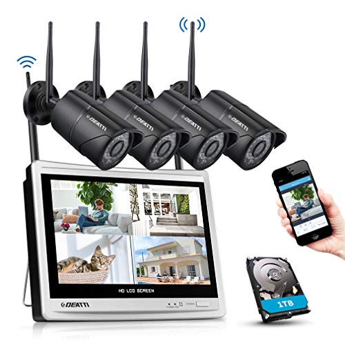 Système de CCTV Caméra Sécurité avec 12Pouce LCD Moniteur, kit de Surveillance sans Fil à Domicile, 8CH HD 1080p WiFi Kit de DVR Surveillance avec 4pcs IP Caméra, 1To de Disque Dur intégré