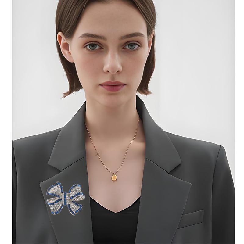 Image of Rhinestone Bow Collar Brooch For Women Dainty Crystal bow Brooch Pin Vintage Blue Sparkling lapel pin Unique Ribbon Bow brooch Badge Clothing Accessory Jewelry Gift