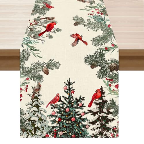 Festive Cardinal & Pine Table Runner