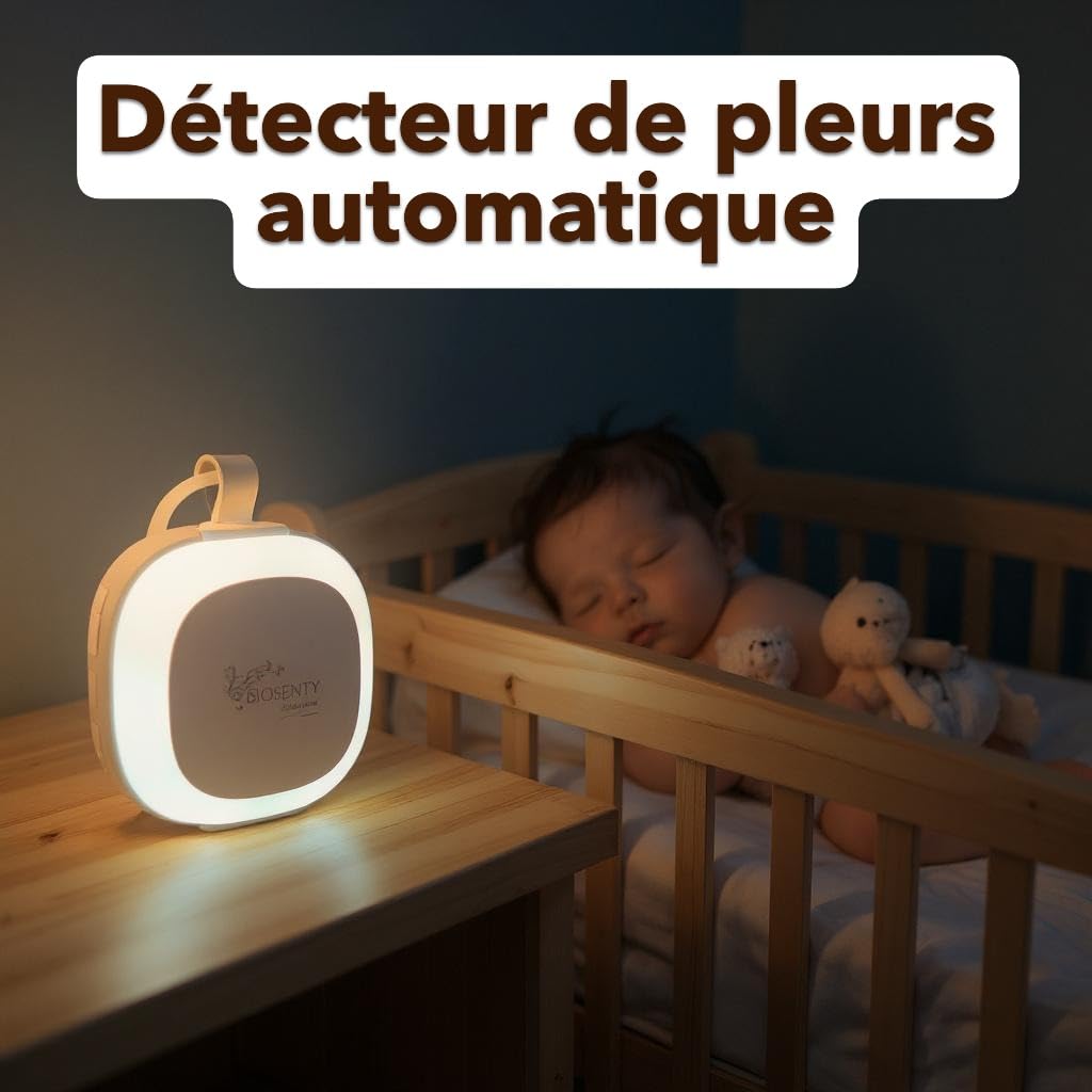 INNOVATION "DÉTECTEUR DE PLEURS" machine à bruit blanc bébé et adulte, 32 sons apaisants+son battement de coeur -Veilleuse RGB 8 couleurs-minuteurs 30/60/90 minutes -USBC - biosenty le dodo garanti
