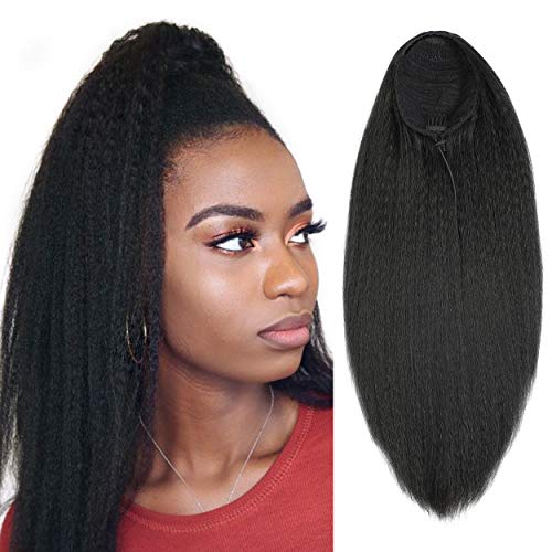Long Kinky Straight Drawstring Ponytail for Women Yaki Curly Clip In Hair Extension Heat Resistant Synthetic Kinky Straight Ponytail Extension (22inch, 1B)