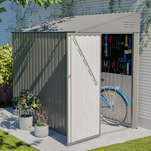 Image of YOPTO 4x7 FT Outdoor Storage Shed Lean to Shed,Metal Shed W /Lockable Door & Air Vent,All Weather Waterproof Garden Tool House W /Reversible Installation,for Backyard,Patio,Lawn,Olive Gray