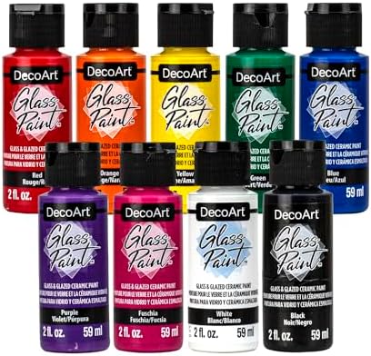DecoArt Glass Paint, Primary Color Set, Acrylic Paint Ideal for Glass and Glazed Ceramics, Self Leveling Smooth Finish, 2 Fl Oz Bottle (Pack of 9)