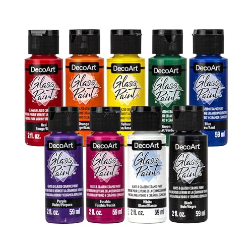 DecoArt Acrylic Glass Paint Set – Primary Colors, 9 Bottles (2 fl oz) – Opaque Art and Craft Glass Paint