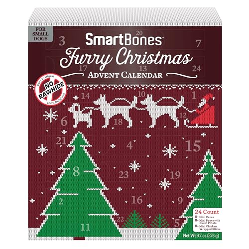 SmartBones Furry Christmas Advent Calendar Chews for Small Dogs, 24 Count, Treat Your Dog to Easy-to-Digest, Rawhide-Free Mini Bones, Candy Canes and Mini Sticks