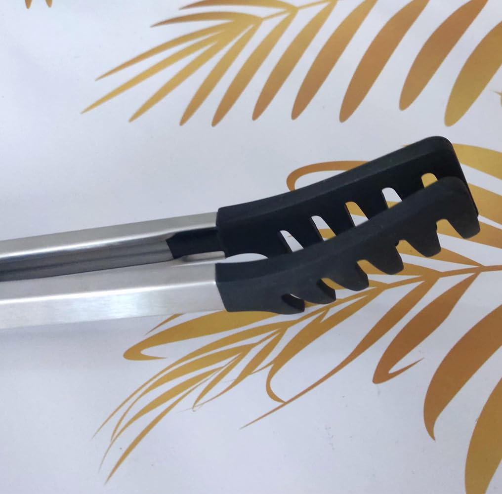 Pinzas grandes de acero inoxidable negro de 12 pulgadas con puntas de silicona, pinzas de espagueti, utensilios de servidor de pasta para fideos, cocina, hornear, barbacoa, herramientas de cocina