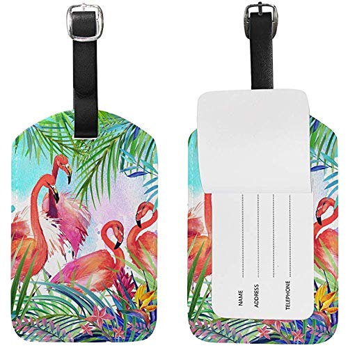 Preisvergleich Produktbild Carneg Tropische Flamingo Palm Leaf und Blumen Leder Reisegepäckanhänger Set lustige personalisierte PU-Tasche Kofferetiketten mit Gurt Kabel Ausweis
