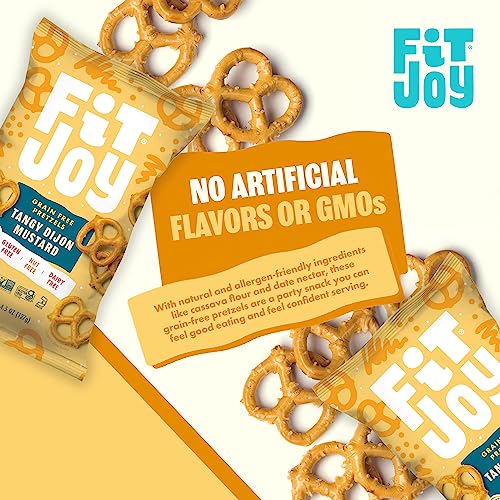 Image of FitJoy Tangy Dijon Mustard Pretzels (Pack of 6, 4.5 Oz) - Dairy, Nut & Gluten Free Snacks - Grain Free Cassava Root & Chickpea Flour Vegan Pretzel Twists - Tangy Snack Pretzels for Children & More