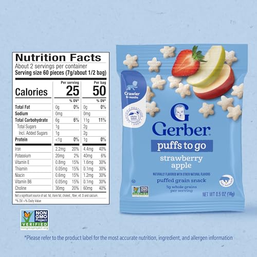 Image of Gerber Stage 3 Strawberry Apple Puffs Baby Snack, 0.5 Oz, 12 Pack