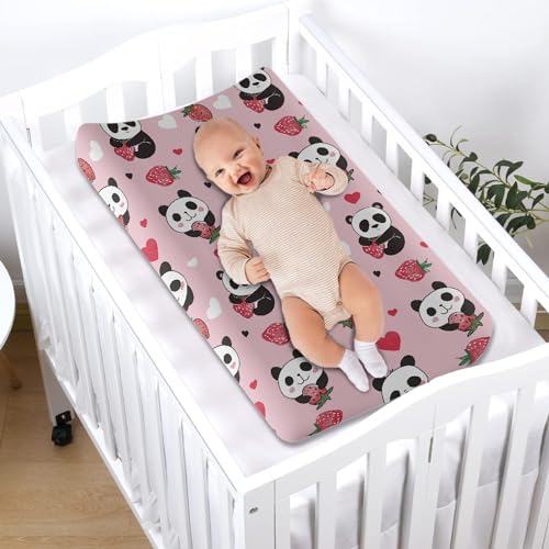 Image of Strawberry Panda Changing Pad Cover for Baby Girls Pink Diaper Change Table Covers Soft Stretchy Changing Mat Sheets Cover