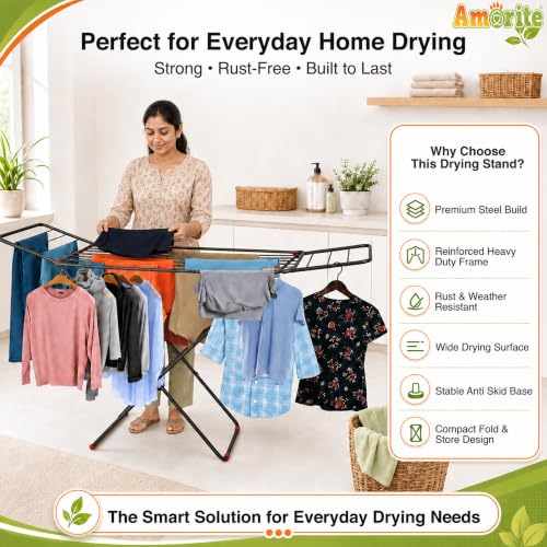 Image of Premium Steel Clothes Drying Stand | Foldable Cloth Dryer Stand, 3-Way Folding Design, Space-Saving Flat Folding Laundry Drying Rack for Indoor & Outdoor(Cross Design - 120 x 54 cm)- Black