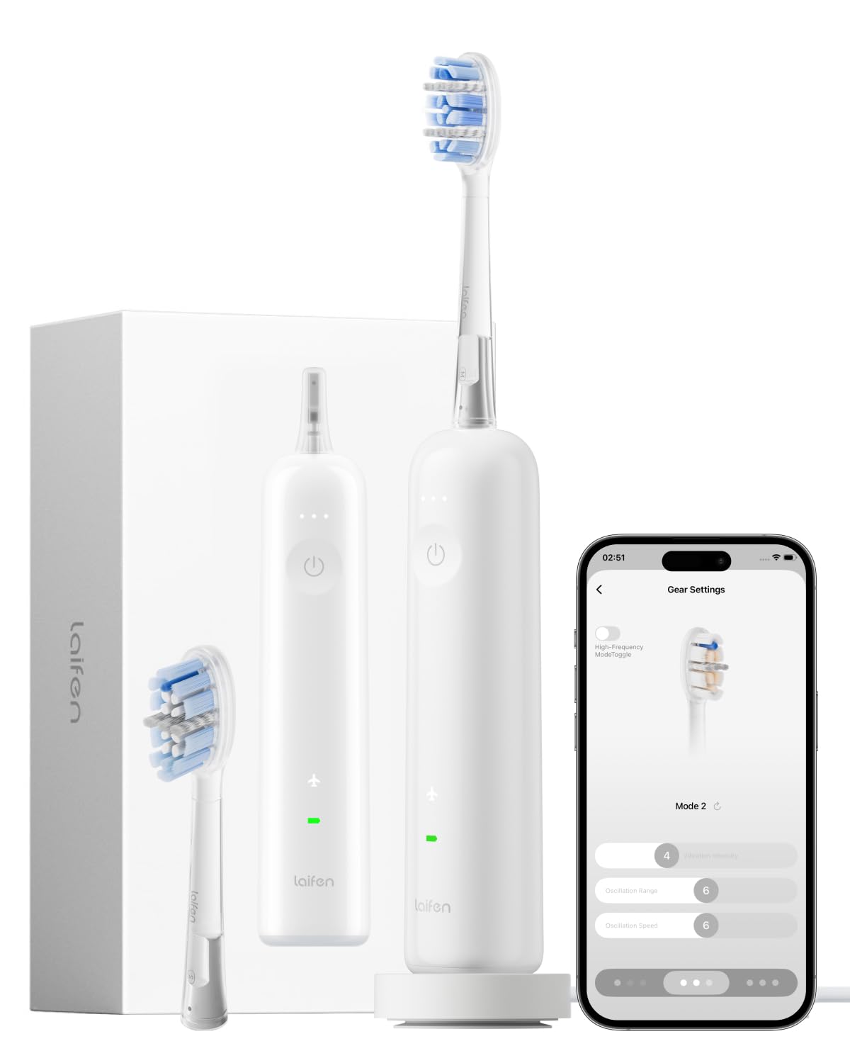 Laifen Wave Pro Spazzolino Elettrico Sonico per Adulti – Spazzolino Sonico con Oscillazioni a 60°, App Intelligente, Batteria da 70 Giorni, 2 Testine, Impermeabile IPX8 (ABS Bianco)