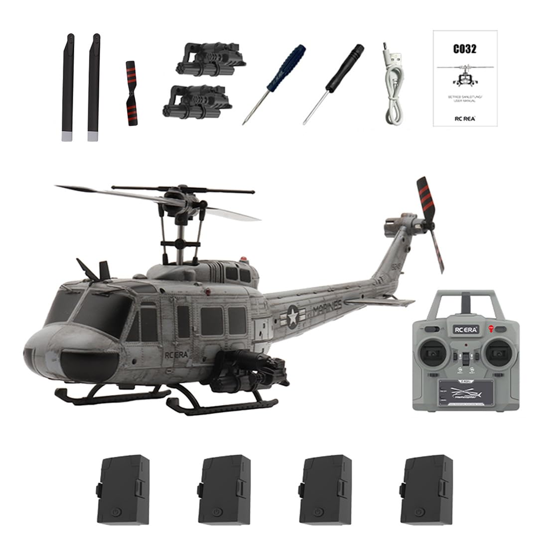 ★1/48 スケール C032 UH-1 ヒューイ RC バッテリー２個付き★ Tiodei RC ERA C032 UH-1 Huey Weathered Gray RC Helicopter – 1/48