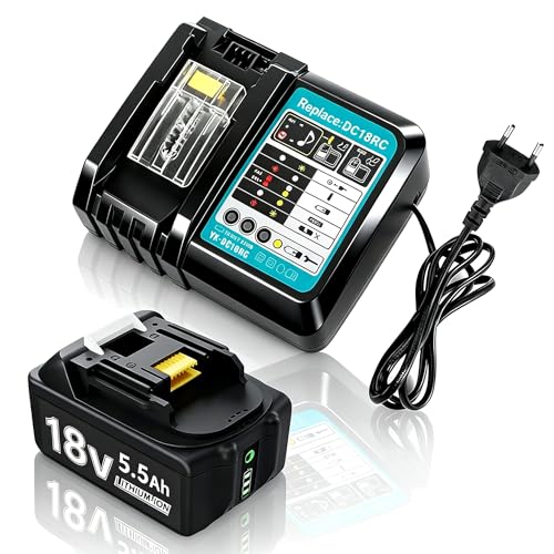 18V 5.5Ah Akku mit Ladegerät DC18RC 4A Ersatzakku für makita 18V Akku Li-ion BL1850 BL1850B BL1830 BL1860B BL1845 BL1835 BL1815 194205-3 LXT-400 BL1860 5500mAh Akku with LED Werkzeugakku