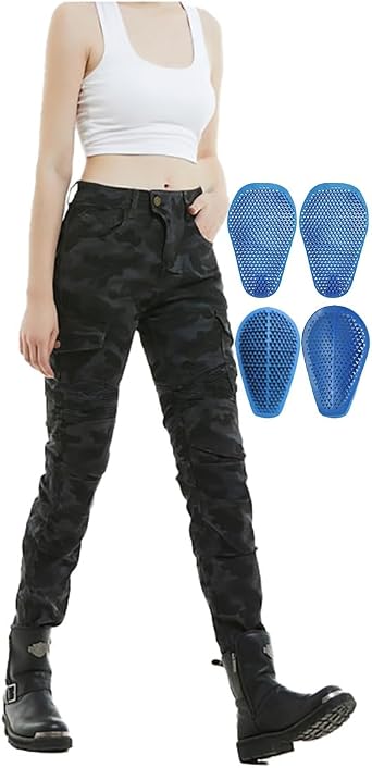 Motorcycle Denim Pants with Armor Pads Vintage Womens Biker Jeans Stretch Fit Touring Gear