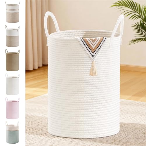 Image of 72L Large Tall Cotton Rope Laundry Basket with Handles, White