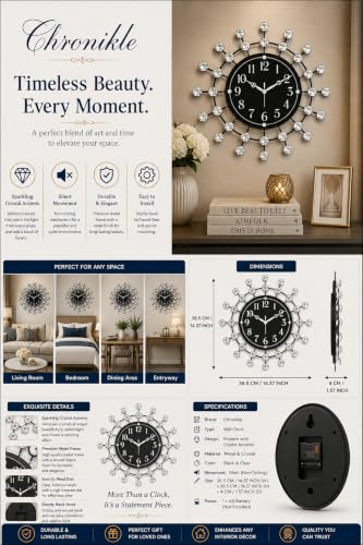 Image of CHRONIKLE Beautiful Floral Design Round Diamond Studded Home /Office Decor Analog Metal Wall Clock with Sweep Movement (Size: 36.5 x 5 x 36.5 CM | Color: Black | Weight: 805 grm)