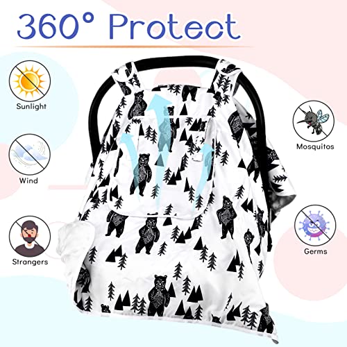 Image of Baby Carseat Cover Boys, Newborn Car seat Canopy, Minky Cozy & Warm Cover, Winter Carrier Cover with Peep Windows, Soft & Breathable, Bear Stuff