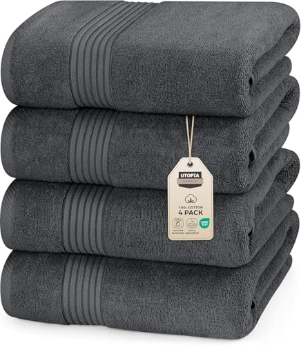 Utopia Towels 4 Pack Bath Towels Set, 27 by 54 Inches, 100% Ring Spun Cotton, Quick Dry, Highly Absorbent, Soft Feel Towels, Perfect for Daily Use, Grey