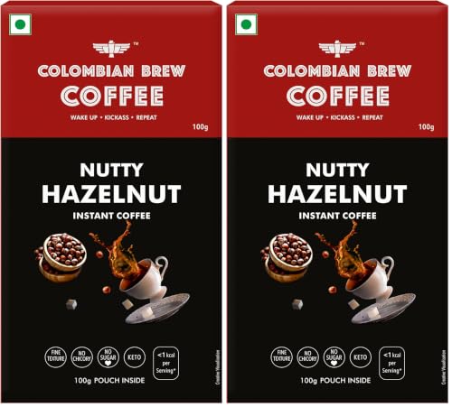 Image of COLOMBIAN BREW COFFEE Hazelnut Instant Coffee Powder, No Sugar Vegan, 100 G Box (Pack of 2)