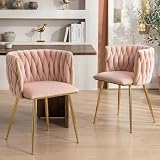 Sudwesto Modern Hand Weaving Dining Chairs Set of 2, Velvet Upholstered Dining Room Chairs with Gold Legs, Elegant Side Chair with Curved Backrest, Accent Chair for Dining Room, Kitchen (Pink)