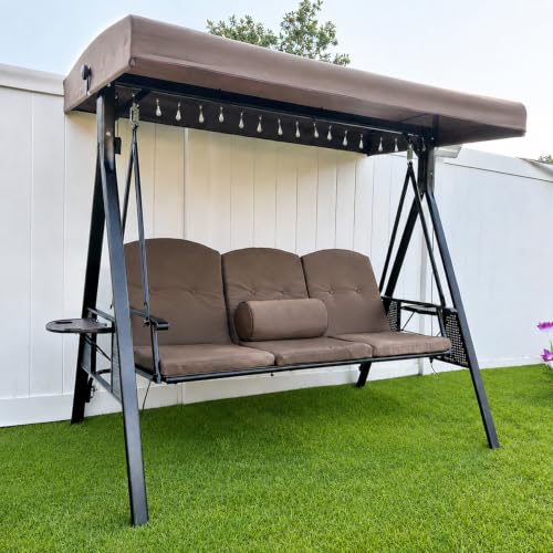 Image of PURPLE LEAF 3-Seat Deluxe Outdoor Patio Porch Swing with Weather Resistant Steel Frame, Adjustable Tilt Canopy, Cushions and Pillow Included, Beige