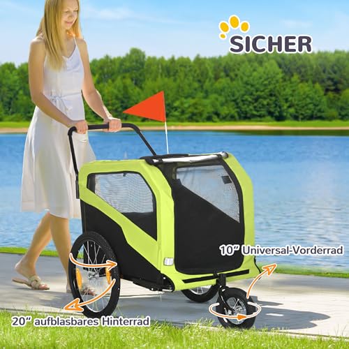 PawHut 2-in-1 Hundeanhänger, Fahrradanhänger für Hunde, Hundewagen mit Reflektoren, Hundebuggy max. 30 kg, Hundefahrradanhänger für Große Hunde, Oxford-Gewebe, Grün