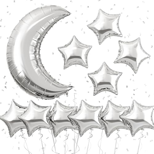Image of Moon and Star Balloons New Years Balloons 36 /18 Inch Metallic Silver Moon Five Angle Stars Foil Balloon for Happy New Year Eve Ramadan Baby Shower Engagement Birthday Anniversary Party Decor