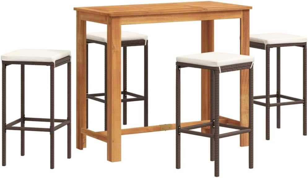5-Piece Outdoor Bar Set Brown Cream White, Rectangular Acacia Wood & Poly Rattan Patio Furniture Set 47.2" Dining Table with 4 Bar Stools for Garden Balcony Backyard