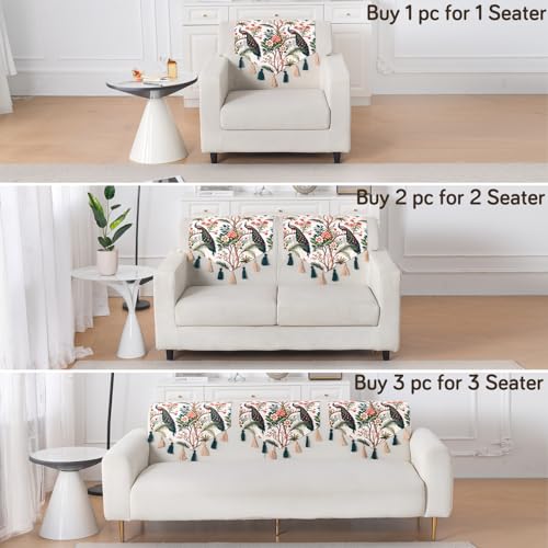 Image of HOKIPO Premium Sofa Backrest Cover Mat | Printed Holland Velvet with Tassels | 'Whispers of Nature' Multicolor Tropical Peacock (IN-1116-D1)