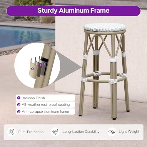 Image of PURPLE LEAF Outdoor Round Bar Height Stool Set of 2 Patio Backless Barstools Aluminum Frame in Champagne Finish with White & Gray Woven Rattan for Indoor Kitchen Dining Bistros Cafe Restaurant