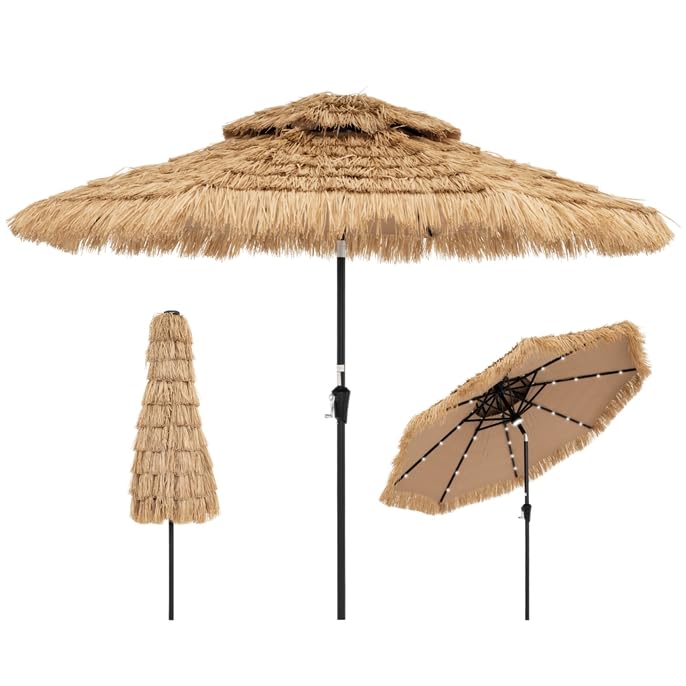 COSTWAY Sombrilla Terraza Exterior con Techo de Paja, Sombrilla Hawaiana con 8 Varillas, Botón para Inclinación, Parasol Exterior con Doble Respiradero para Playa Patio Piscina (270cm con Luz)