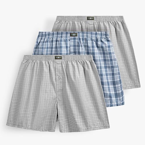 Mens Woven Boxer Shorts 100% Cotton with Covered Waistband Comfortable Loose Fit,Full Cut Classic Plaid Boxers 3 Pack Size Medium(32-34)