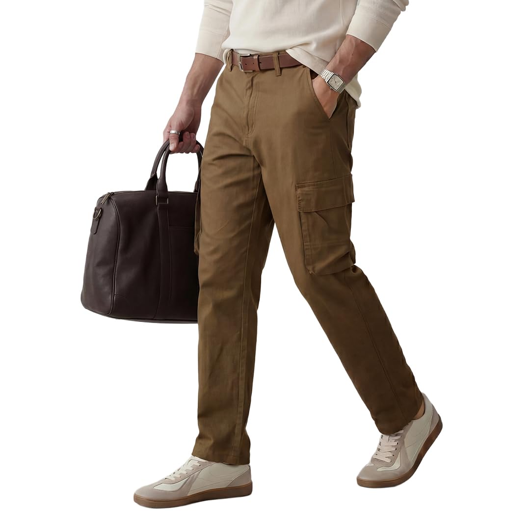 wrogn Men's Loose Fit Cargo Trousers | Brown Utility Pants-picture-36