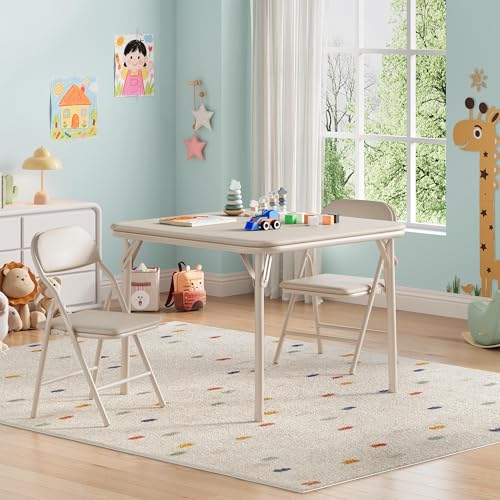 TUFSPRAX Ensemble Pliant 3 pièces Enfant : Table carrée rembourrée et 2 chaises Confortables – Parfait Jeux, Apprentissage, activités créatives, Chambre, crèche – Couleur : Beige, Spécification : 1+2