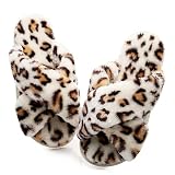 Crazy Lady Women's Fuzzy Fluffy House Slippers Cute Plush Memory Foam Shoes Cross Band Indoor Outdoor Open Toe Sandals(06/Beige,Leopard 7-8)