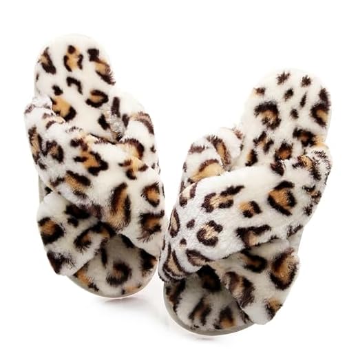 Women's Fuzzy Cross Band House Slippers Soft Plush Furry Fur Open Toe Cozy Memory Foam Winter Warm Comfy Slip On Breathable Sandals Indoor Outdoor Slippers for Women and Girls (06/Beige,Leopard 7-8)