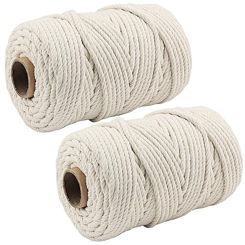 MANCHAP 2 Rolls 6mm x 100m Macrame Cord, 200m/656 Feet 4-Strand Natural Macrame Cotton Cord Rope for Knitting Gift Wrapping
