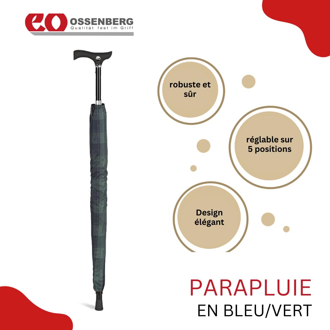 Ossenberg Parapluie Twin avec poignée Fritz - Ø 105cm - 2 en 1 canne & parapluie - canne, aide à la marche, support de marche - réglable en hauteur - bleu/vert - 80-83 cm