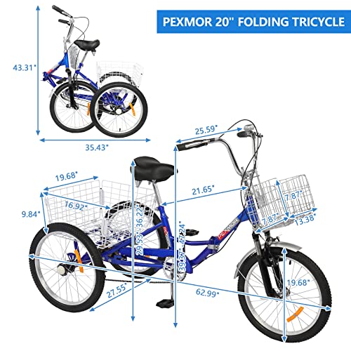 PEXMOR Folding Adult Tricycle, Single Speed Trike 3 Wheel Bike, Foldable 20 inch Three-Wheeled Bicycle Adjustable Height with Large Foldable Basket for Adult Recreation, Shopping, Picnic, Exercise
