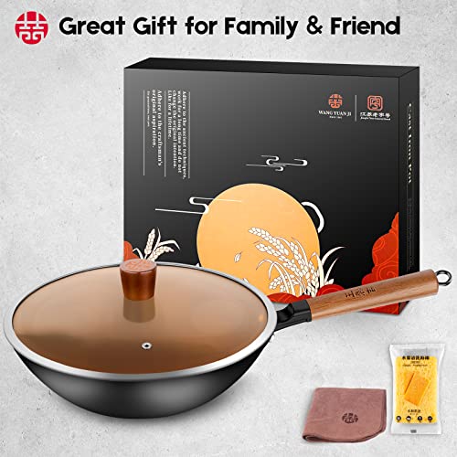 Wangyuanji Carbon Steel Wok Pan,12.59" Woks And Stir Fry Pans With Glass Lid,Chinese Traditional Wok Flat Bottom Iron Wok For Induction, Electric, Gas, Halogen All Stoves-Practical Gift #TOP6