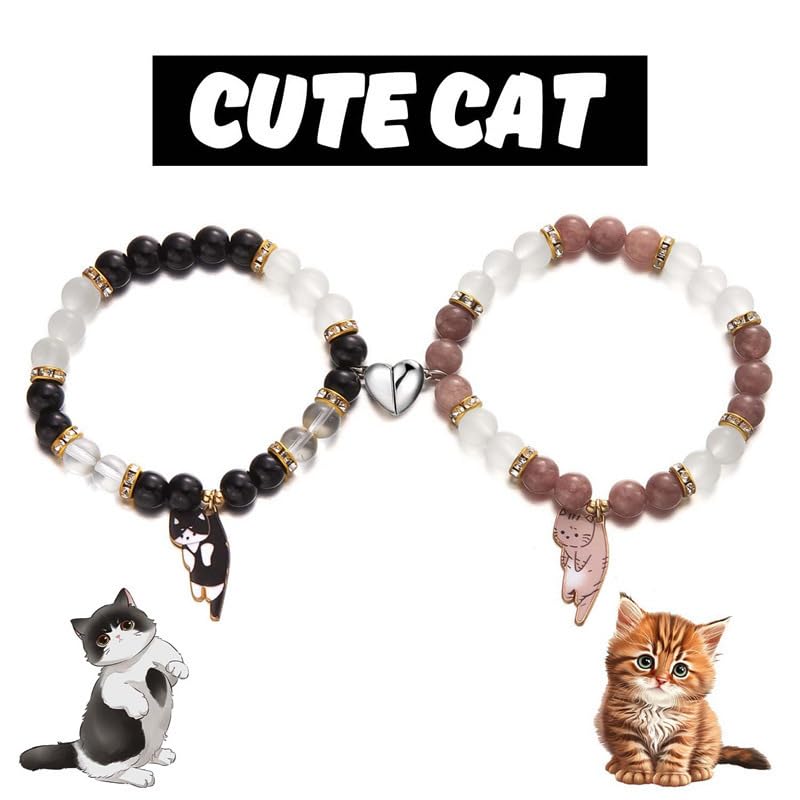 Couples Bead Friendship Bracelets 2 Pcs Cute Cat Friendship Kawaii Cartoon Animal Heart Matching Elastic BFF Bracelets Relationship Jewelry Gifts2
