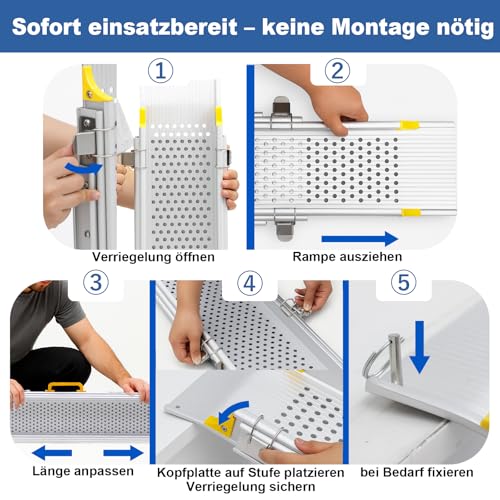 LIEKUMM 2 x 127-300 cm Auffahrrampe Rollstuhl, 300 kg Tragfähigkeit Rollstuhlrampe für Treppen, Stufen, Tragbar Teleskop Auffahrrampe für Elektro-Rollstühle, Fahrräder, Dreifach Ausziehbar